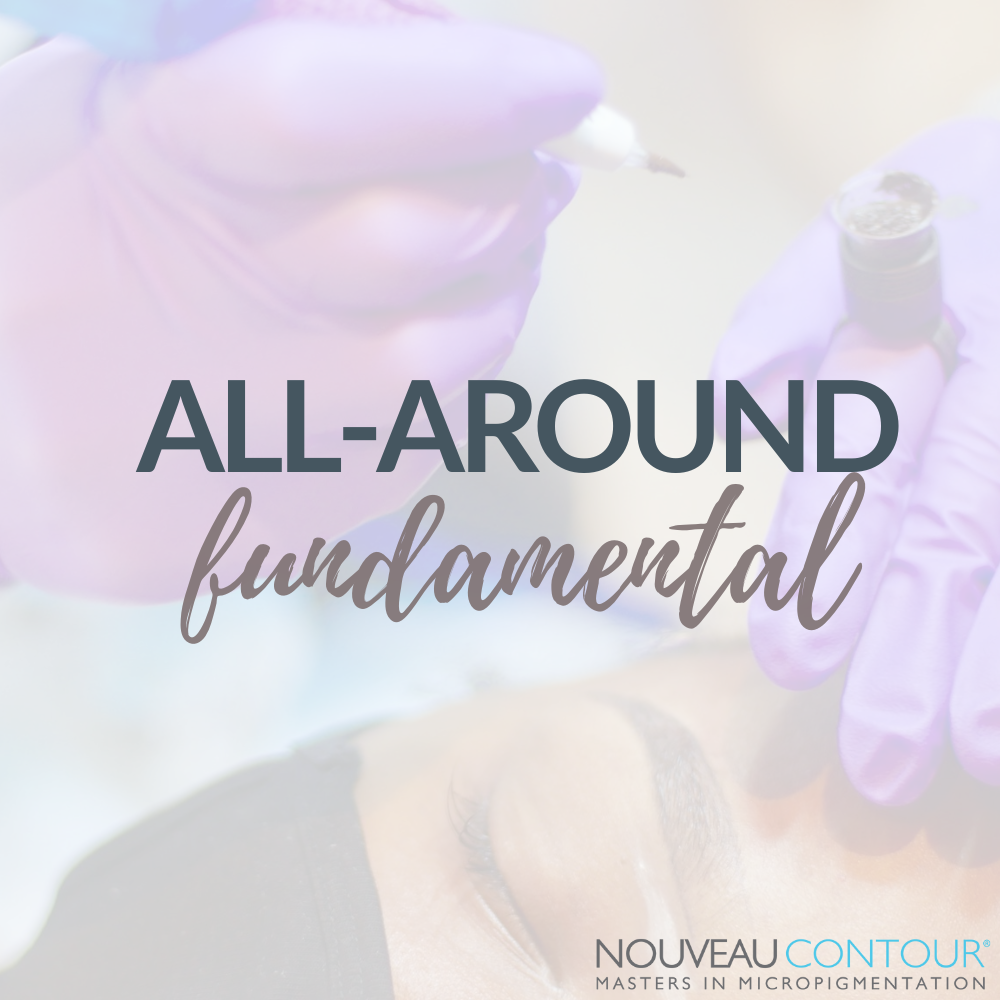 All around fundamentals of permanent makeup at the Orlando Nouveau Contour PMU academy. A woman is tattooing a digital hair stroke eyebrow on someone with a deep skintone.