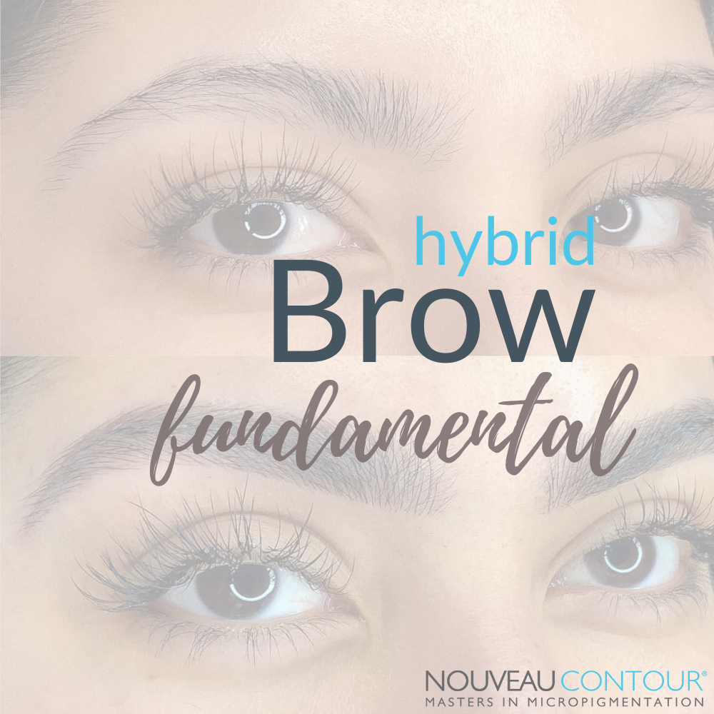 A before and after of permanent makeup eyebrows for the hybrd brow fundamental at the Orange county Nouveau Contour PMU Academy.